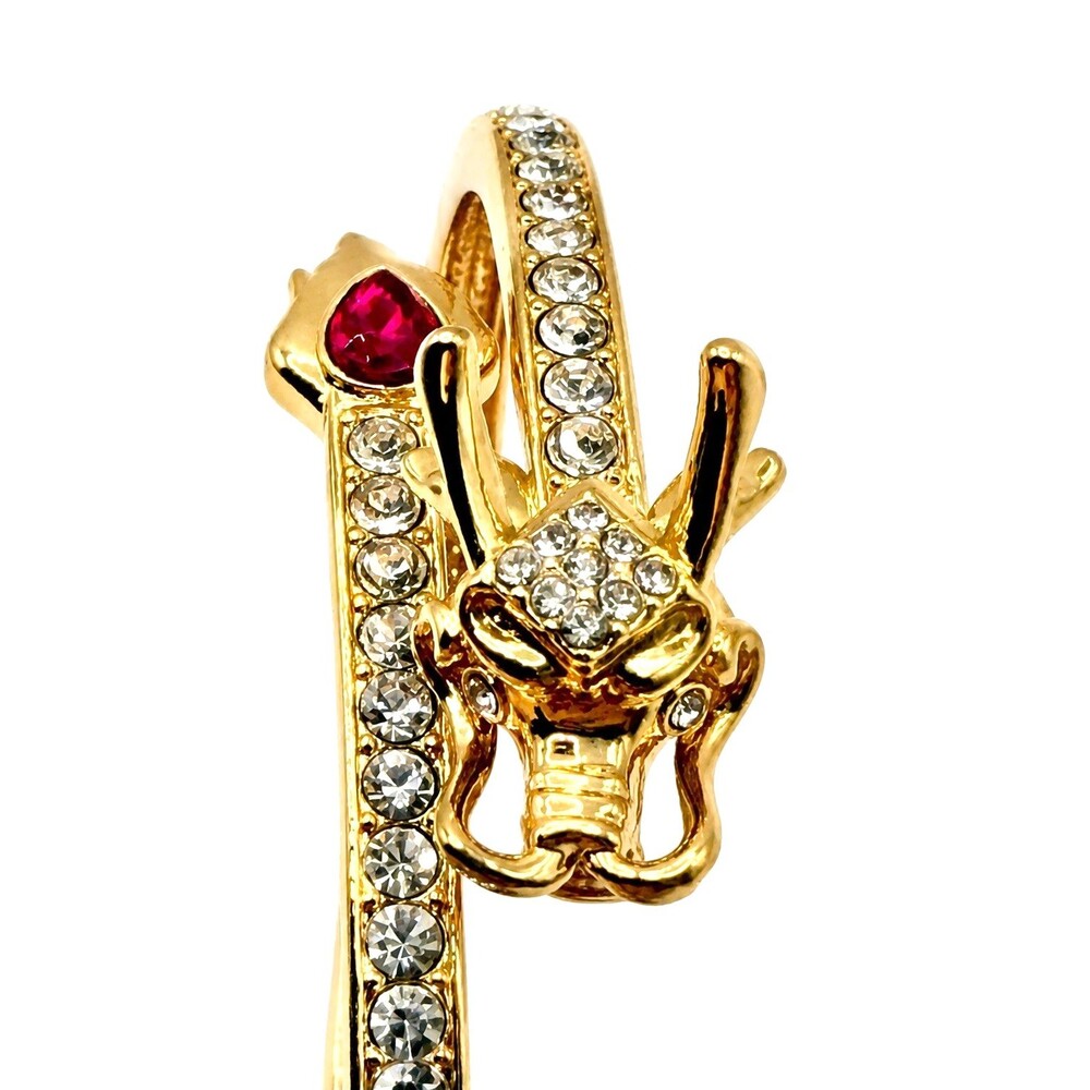 Gold Dragon Hinged Bangle Bracelet Red Crystal Rhinestone Statement NEW - Picture 5 of 14